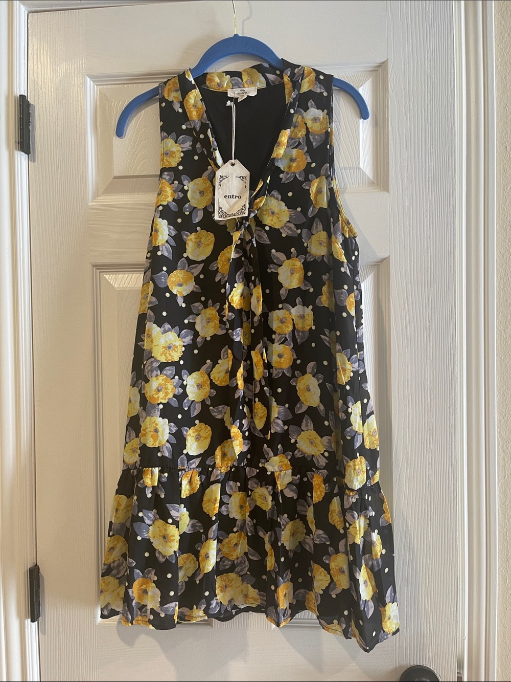 entro Black Dress with Yellow Floral Tie-Neck